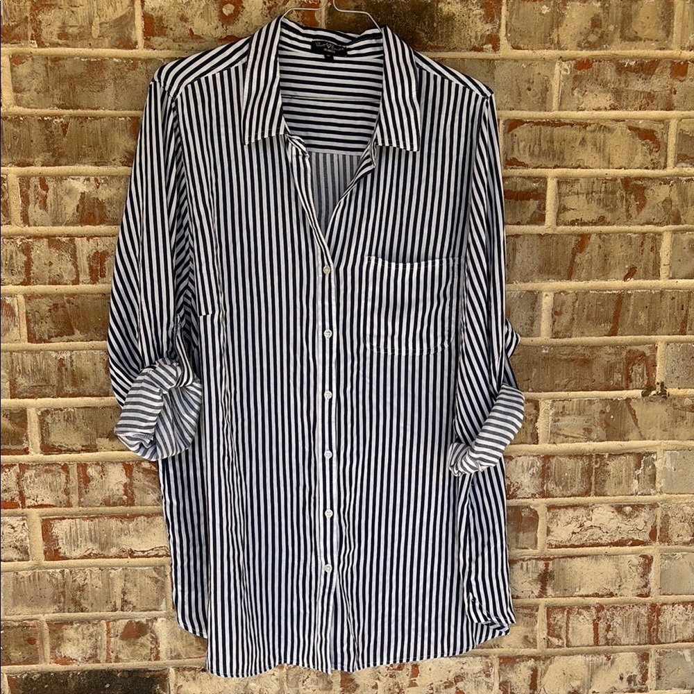 Velvet Heart Blue White Striped Button Down Tunic Shirt